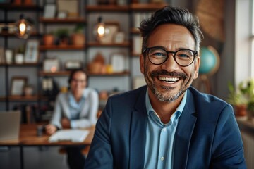 Obraz premium Cropped image of laughing businessman wearing eyeglasses video conferencing with colleague at desk.