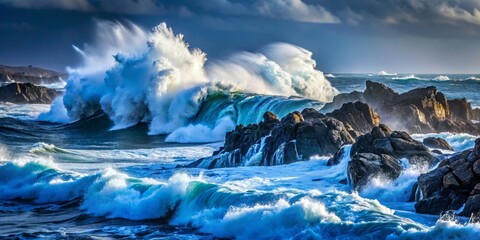 Fototapeta premium Turbulent dark blue ocean waves crash against the rocky shoreline, with murky foamy water and sea spray flying everywhere, amidst a raging stormy weather.