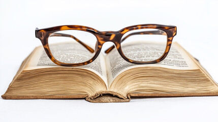 Glasses perched on an open book, representing reading and knowledge.