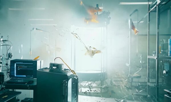 Shattered Reality: A dramatic and futuristic scene of a laboratory in chaos, with a figure suspended in mid-air as a powerful energy blast shatters the surrounding glass. The image evokes a sense of m