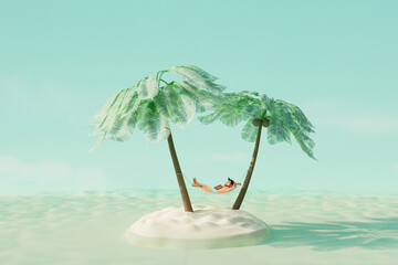 Young happy man relaxing with book on beach of island in hammock under the palm trees. Summer travel concept. 3d render