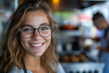 Smiling young woman wearing eyeglasses looking at technician fixing oven in kitchen.