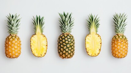 Fototapeta premium An arrangement of pineapples in various stages of ripeness, showcasing the transition from green to golden yellow