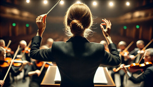 A female conductor leads an orchestra passionately, her back to the audience, as musicians play violins under warm stage lights in a grand concert hall.