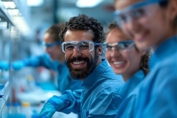 Obraz premium Young male and female cleaners with glasses laughing while cleaning office, with the male having a well-groomed beard.
