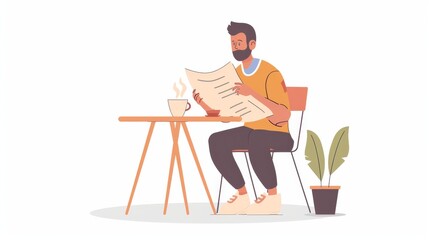 Man Relaxing with Coffee and Newspaper - Illustration