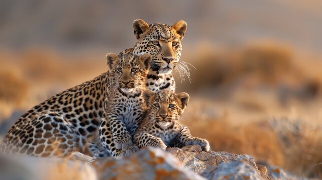 A mother leopard nuzzles her cubs in the savanna.