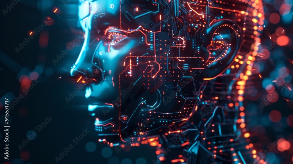 Aufkleber A computer generated face with a lot of circuitry and glowing red lights