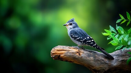 A small blue and white bird perches on a branch with a green background.