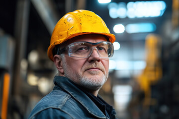  Middle-aged industrial worker in a steel plant wearing safety gear and a yellow helmet, confidently facing the camera with an out-of-focus background. Emphasizes safety and professional experience.