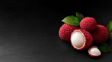 Artistic arrangement of lychees cut in half, exposing seeds, against a contrasting dark background, emphasizing color and detail
