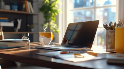 A laptop computer sits on top of a wooden desk, great for working or studying