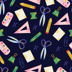 Seamless pattern with school supplies and education. Back to school kids education concept. Backpack, book, paints, ruler, pencil, brushes. Vector illustration isolated on background