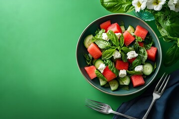 A bowl of watermelon salad with cucumber, feta cheese and basil leaves on a green background.