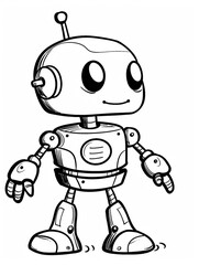 A minimalist line cartoon-style image of a cute robot. Coloring page for kids on a white background. 