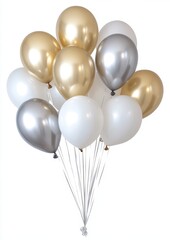 Celebration anniversary decoration with white and gold balloons in the air.