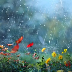 A rainy scene with raindrops falling on a meadow filled with colorful flowers, blurred background.