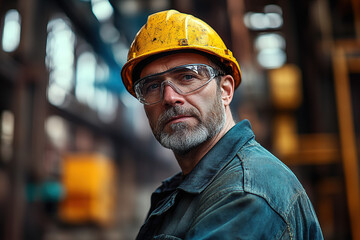 Middle-aged man in safety gear and yellow helmet working in a steel plant, showcasing a professional stance against a blurred industrial background. Emphasizes safety and industrial expertise.