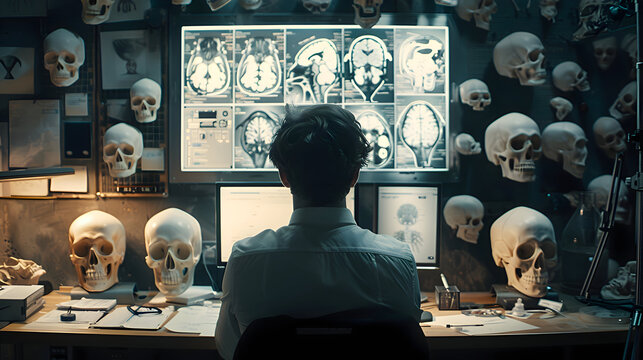 Produce a scene of an anthropologist in a laboratory, analyzing anthropometric data to understand human variation