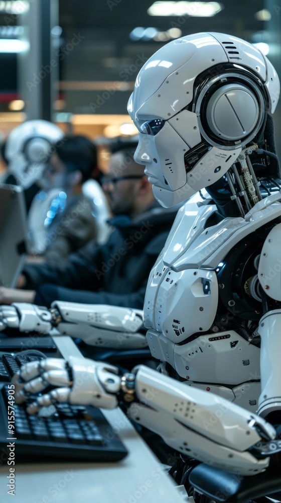 Poster A robot is typing on a keyboard in front of a group of people