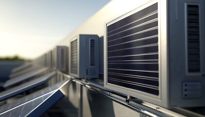 Fototapeta premium Close-Up Photo of Solar Panels Powering Industrial Refrigeration System with Bright Sunlight