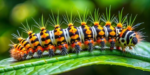 Naklejka premium Vibrant caterpillar with orange head and black and white fur-covered body feeds on lush green leaves, showcasing its unique beauty and nature's wonder.