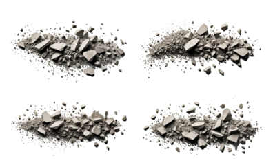 Multiple piles of crushed stone and gravel in different formations against a clean, white backdrop showcase texture and material variation