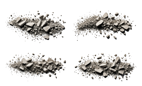 Multiple piles of crushed stone and gravel in different formations against a clean, white backdrop showcase texture and material variation