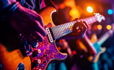 Fototapeta premium A close-up of a musician playing an electric guitar on stage during a live performance.