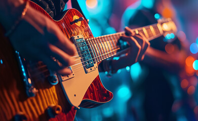 Obraz premium A close-up of a musician playing an electric guitar on stage during a live performance.