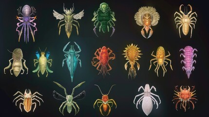 Collection of Various Insects with Black Background.