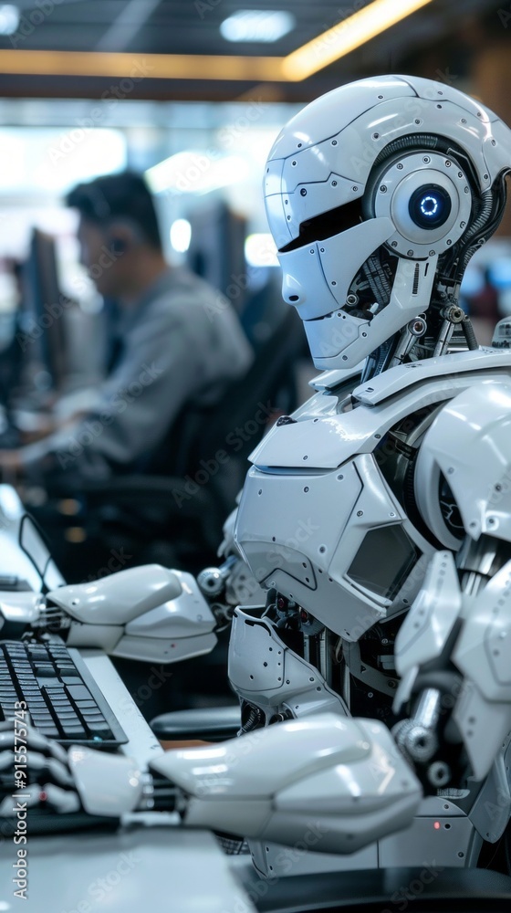 Aufkleber A robot is sitting at a computer keyboard