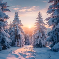A snowy winter landscape with tall pine trees covered in snow, with the sun setting in the background.
