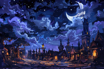 Fototapeta premium Medieval town illuminated by street lamps under a crescent moon and starry sky