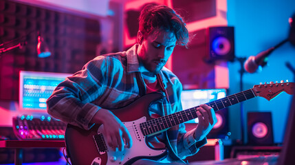Obraz premium A man plays an electric guitar in a music studio. The concept reflects creativity, passion, and the art of music production. Generative AI.