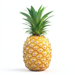 Ultra-realistic, high-definition photograph of a ripe pineapple with detailed, vibrant green leaves. The pineapple should have a natural texture with slight imperfections and realistic light reflectio