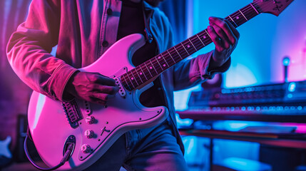 Obraz premium A man plays an electric guitar in a music studio. The concept reflects creativity, passion, and the art of music production. Generative AI.