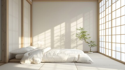 bedroom interior background with rattan furniture and blank wall