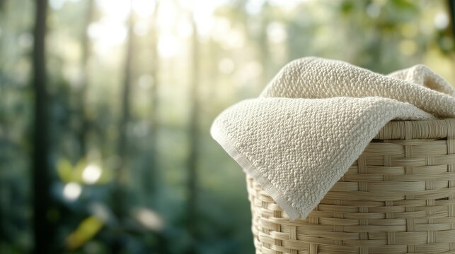 A rustic bamboo basket woven from natural, biodegradable fibers, filled with soft, sustainable viscose fabrics, against a soft forest background