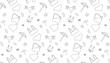 Seamless pattern with bikini, leaves, flip flops, palm tree in outline style on white background for wallpapers, packaging, wrapping, note