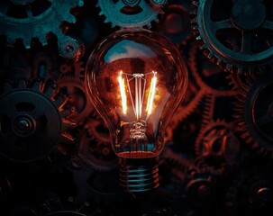 Innovative Spark in a Technological World: Bright Light Bulb Surrounded by Dark Mechanical Gears Symbolizing Creativity in Industry