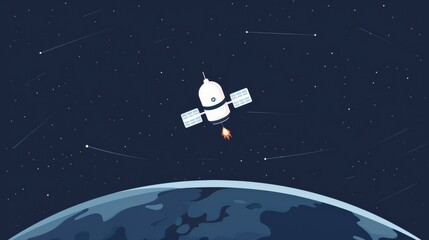 Naklejka premium Simple depiction of a satellite in Earth's orbit, minimalist 2D vector, clean and basic, plain design