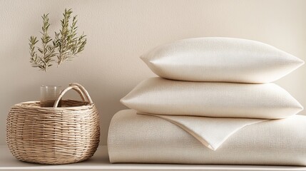 Fototapeta premium A serene composition of Mulberry silk and Charmeuse, with soft, flowing textures, accented by traditional weaving baskets, earthy tones