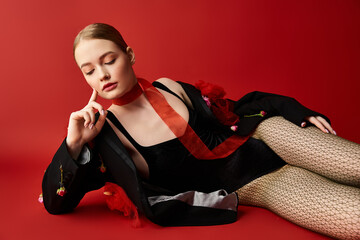 A beautiful young woman poses thoughtfully, surrounded by colorful blooms.