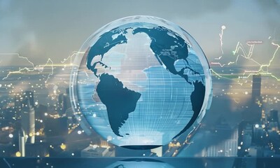 Global Network: A crystal globe, symbolizing interconnectedness, stands against a backdrop of a bustling cityscape and dynamic financial charts, representing the global reach of business and finance.  - Powered by Adobe