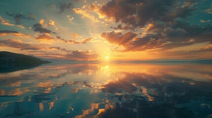 Obraz premium A tranquil sunset over a serene lake with the sky reflecting in the still water.