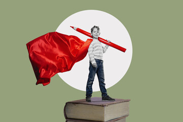 Successful child with red pencil and hero cape ready to school.