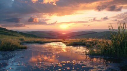 Obraz premium A tranquil sunset over rolling hills with the sky reflecting in the wet grass.