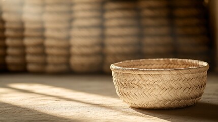 Fototapeta premium Artisanal basket with detailed weave, drying in a rustic workshop, warm sunlight filtering through, capturing texture and craftsmanship