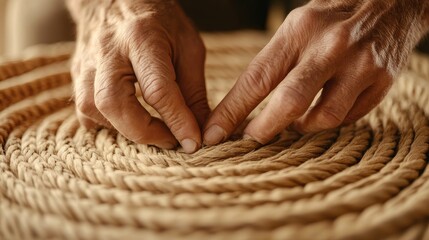Artisan's hands carefully manipulating basket fibers, alternating tension to sculpt a perfect shape, soft focus background, rich earthy hues